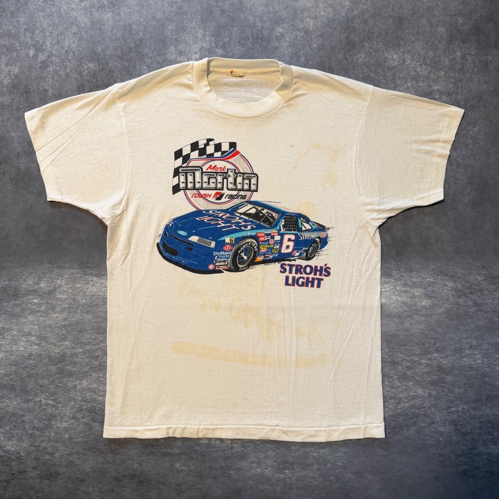 Vtg 1989 Mark Martin T Shirt L Screen Stars Single Stitch Strohs Light NASCAR